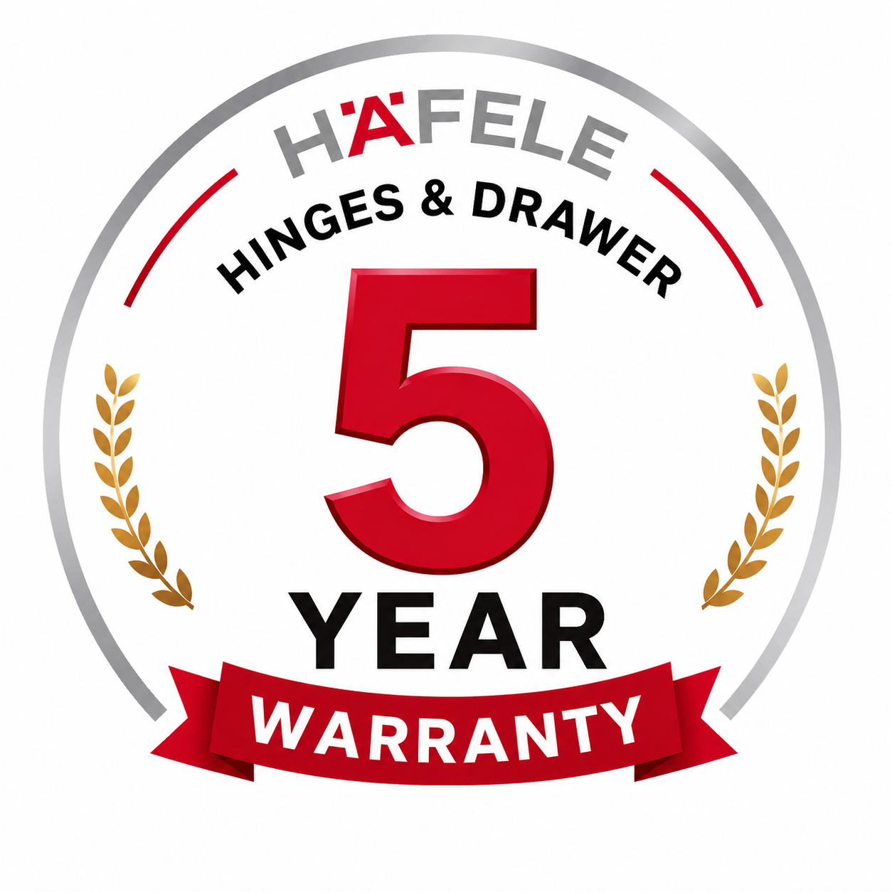 5-Year Häfele Hinges & Drawer Warranty badge